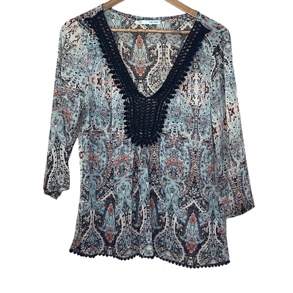 Maurices Women Top Tunic Paisley Blue Crochet 3/4 Sleeve Sheer Boho Whimsy Large